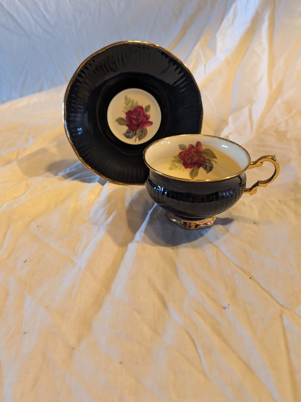 2/40$ Vintage Black Porcelain Teacup and Saucer with Red Rose and Gold Trim